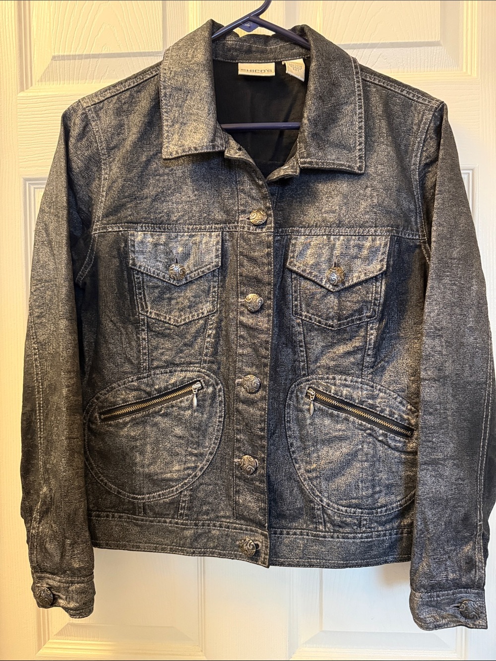 Chico's Black Metallic Shimmer Coated Denim Trucker Jacket Size 1 M